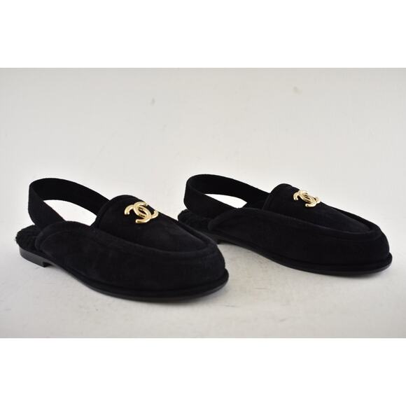 Chanel 25A Black Suede Shearling CC Moccasin Ballet Slingback Loafer Flat 36.5 - Picture 4 of 15